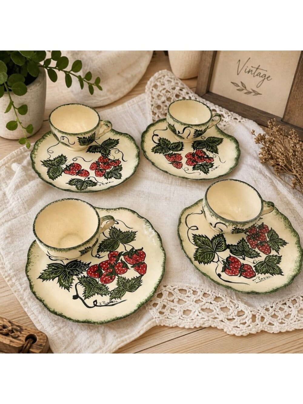 Vintage Hand-painted Artisan J. Russell Tea Set 8 pcs MCM Strawberry Cottagecore